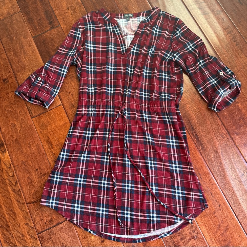 Lily rose midi dress tunic women’s medium burgundy navy plaid elastic waist tie